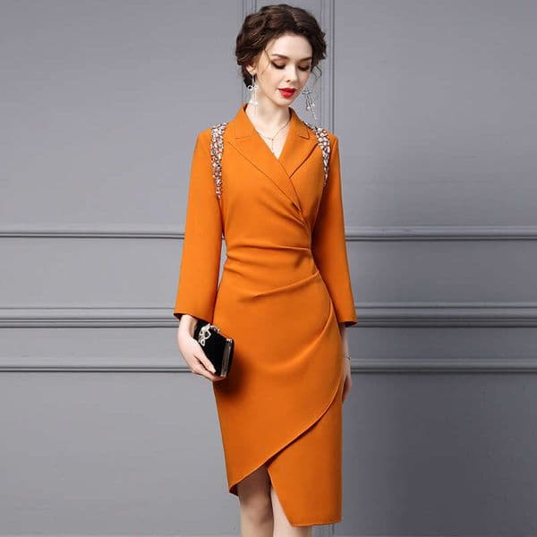 Slim Fit Dress 2024 New Womens Autumn Formal Occasion Suit Collar Nail Diamond Irregular Hip Hugging Skirt Pregnant Womens Dress Oversize Dress