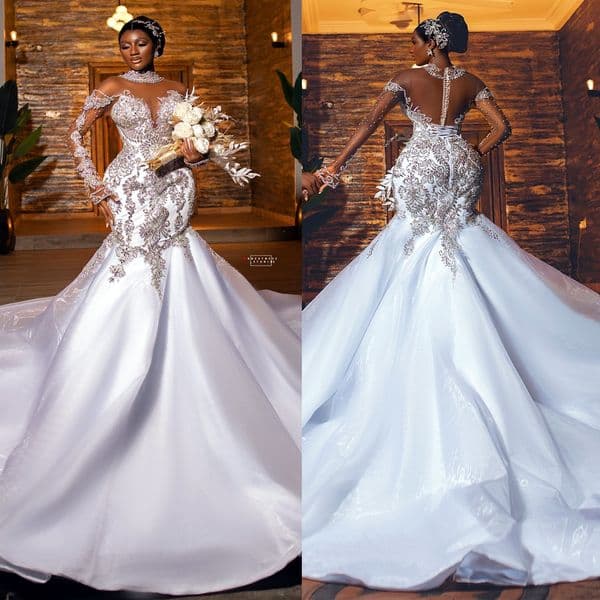 2024 Arabic Aso Ebi Plus Size Ivory Mermaid Wedding Dresses Beaded Lace Full Sleeves Sheer Neck Vintage Elegant Bridal Gowns Dress ZJ308