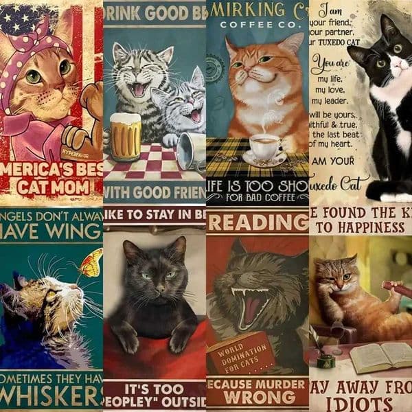 Vintage Metal Signs with Cute Cat Decor Tin Signs Funny with hello darknessmy old friend Quote Metal Wall Art for BedroomXJ241010