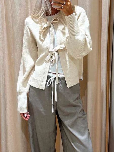 Women Y2k Tie Front Cardigan Long Sleeve Crew Neck Lightweight Coat Sweater Knitted Bow Knot Jackets Tops Autumn Winter 241010