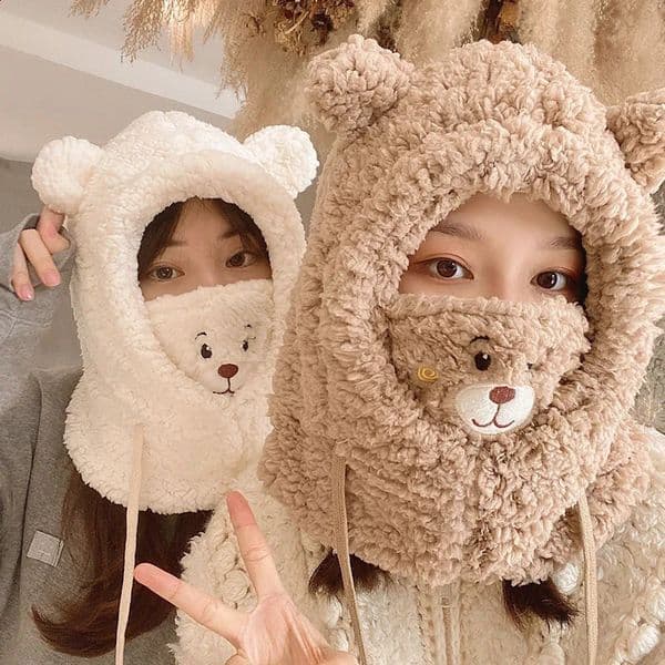 Winter Cute Bear Ear Warm Hat Women Plush Earflap Beanie Girls Windproof Skull Cap for Youth and Female Cycliing 241014