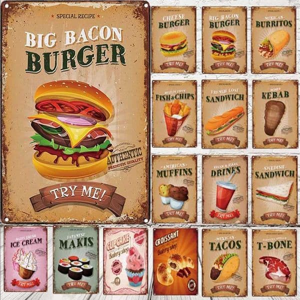Fast Food Menu Metal Tin Sign Sand Ice Cream Burger Restaurant Poster Home Kitchen Iron Plate Mural Cafe Wall Decor PlaqueXJ241010