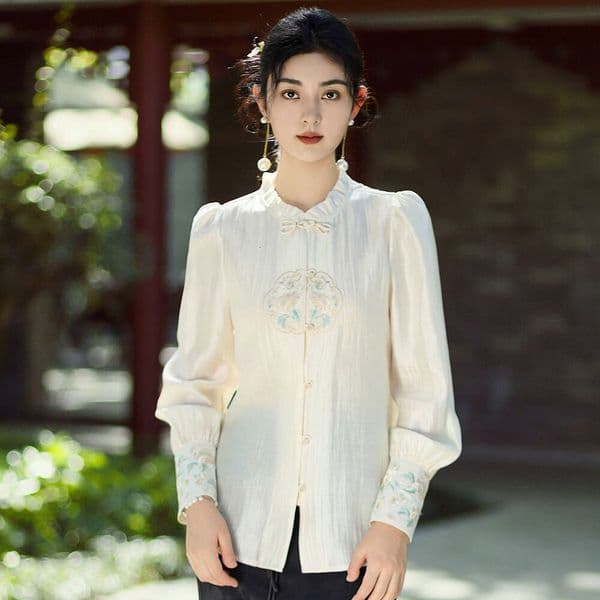 New Chinese Style Improved Womens Pan Button Mushroom Edge Collar Embroidered Long Sleeve Small Shirt Top Autumn