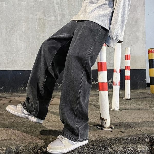 Mens Jeans Korean Version Student Casual Pants High Street Straight Loose Wide Leg Black Grey Blue Baggy 241014