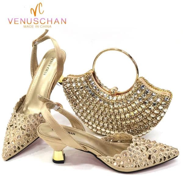 Chan 2024 Latest High Heel Gold Elegant Pattern with Rhinestone Party Womens Shoes and Bag Set 241015