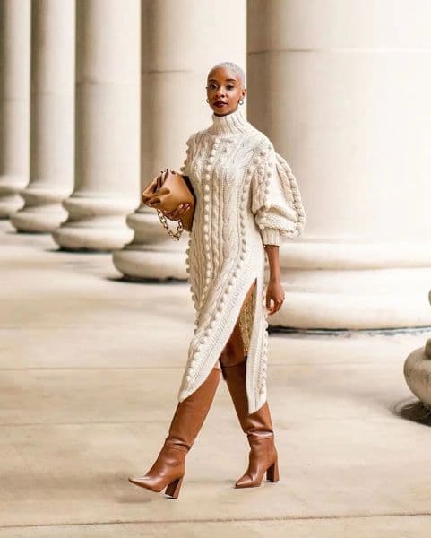 2024 Autumn Women Long Sleeve Turtleneck Knitted Dress Sexy High Split Sweater Casual Warm Winter Thicken Female 241007