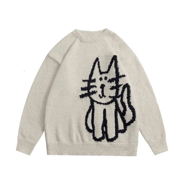 WOMEN Cute Cat Pattern Knitted Sweater CasualWarm Stretchy Crew Neck Pullover for Fall and Winter 241016