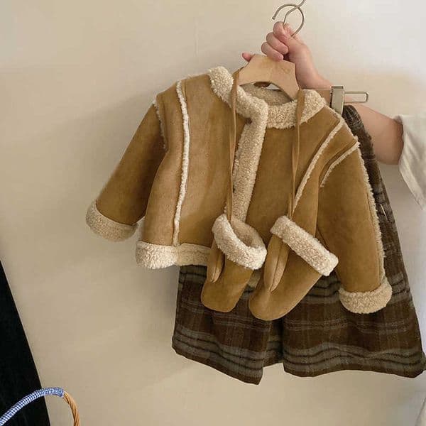 Korean style girls one-piece velvet warm jacket 2024 autumn and winter new style plaid and velvet wide leg pants fashionable set X241016