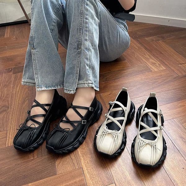 Autumn short and chubby womens sports shoes fashionable shallow bow platform sports shoes womens casual apartment outdoor Mary shoes 241015