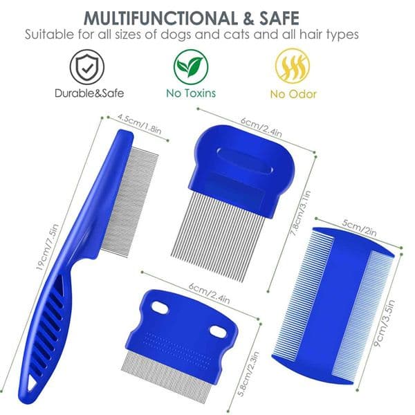 Stainless Steel 4 Pack Flea Lice Comb Dog Cat Grooming Combs with Rounded Teeth Double Sided Professional Pet Tear Stain Remover