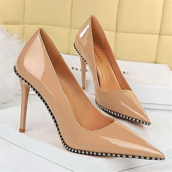 Women 8cm 10.5cm High Heels Elegant Escarpins Pumps Lady Rivets Nude Mid Low Heels Fetish Nightclub Party Office Shoes 241016