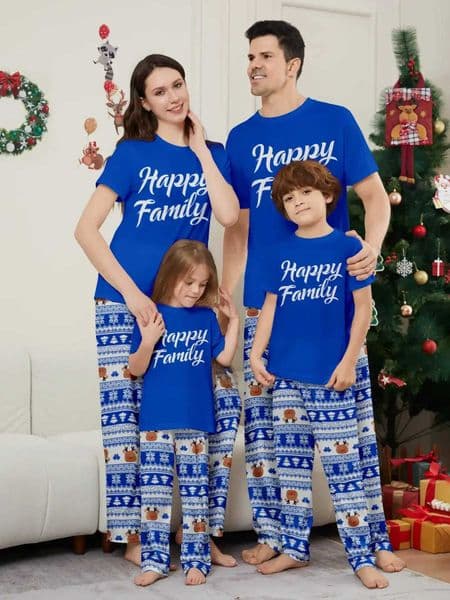 Happy Family Print Mom Daughter Dad Son Matching Clothes Short sleeved Top+Trousers 2-piece Christmas Pajama Set Christmas Appearance W241015