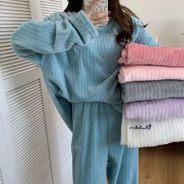 Solid color round neck simple coral fleece pajamas two-piece set inlaid home clothing womens warm pajamas 241009
