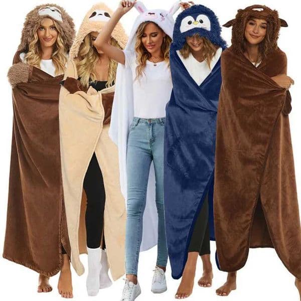 Flannel autumn adult can wear hooded blanket gloves warm hooded cloak oversized soft cartoon animal sofa blanket X241018