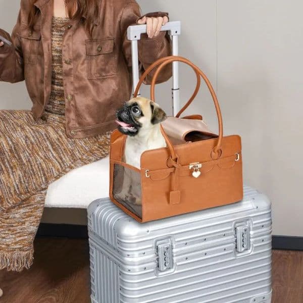 PU Leather Pet Carrier - Durable Breathable Carryall for Cats and Dogs with Stylish Shoulder Strap