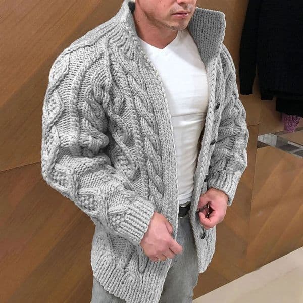 Mens Heavyweight Long Sleeved Stand Collar Single Breasted Casual Sweater Cardigan Outerwear for Autumn and Winter 241018