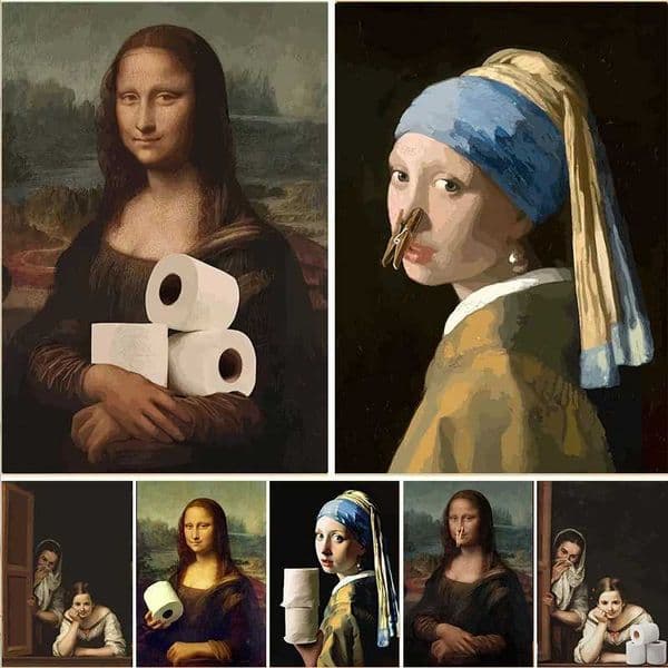 Toilet Paintings Funny Bathroom Decoration Painting Mona Lisa Wearing Pearls Girl With Roll Paper Canvas Prints Posters Home Wall DecorXJ24182