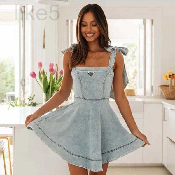 Basic u0026 Casual Dresses designer Women Suspender Skirt Letters Embroidered Denim Skirts Summer Slveless Bow Strap Dress Designer Jean 3LTS Z260319