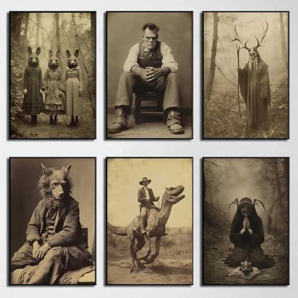 Dark Witchcraft Werewolf Dinosaur Cowboy Frankenstein Vintage photography Canvas Poster Wall Pictures Halloween Home DecorXJ241016