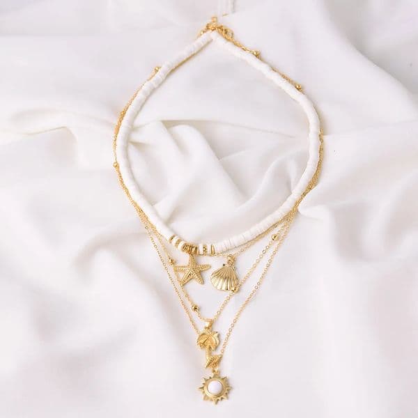 Fashion jewelry multi-layer necklace polymer clay metal starfish shell coconut pendant necklace 241018