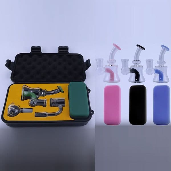 2026 New Mini Glass Bubbler Bong Kits With Oil Burner Quartz Banger 14Mm Male Bowl Silicone Container Water Pipes Portable Set 4 Colors Free Shipping