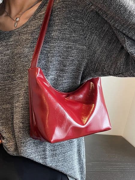 Red patent leather womens underwear bag gloss shoulder bag solid color simple wedding handbag 241018