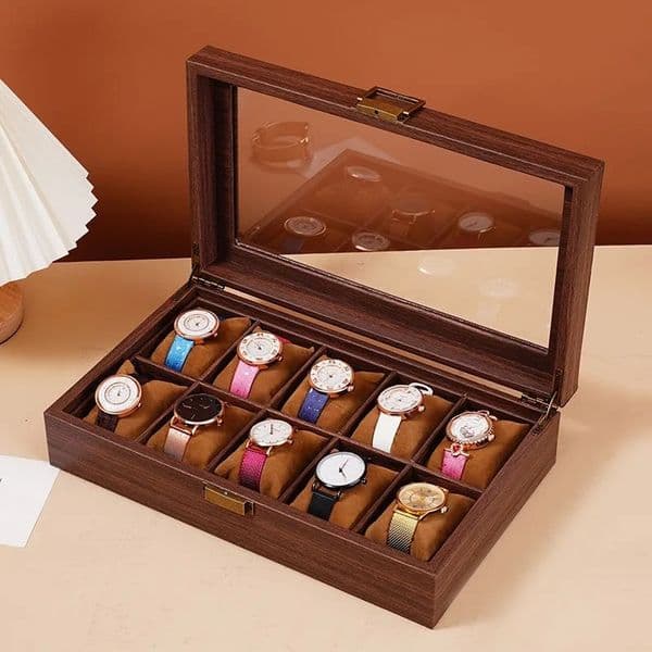 WELLZONE Retro Style Imitation Wood Watch Box Chinese Style Brown Leather Glasses Storage Box Creative Gift Jewelry Box 241018