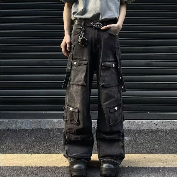 Y2K multi pocket luggage cargo jeans retro mens and womens loose straight leg hip-hop pants luggage Y2K jeans 241007