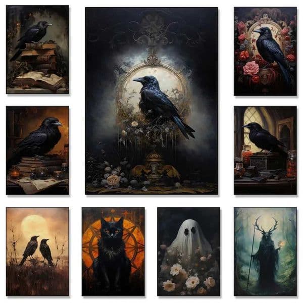 Victorian Gothic Fine Art Prints Black Cat Raven Canvas Posters Vintage Occult Dark Witchcraft Crow Decor Wall Painting For RoomXJ241016