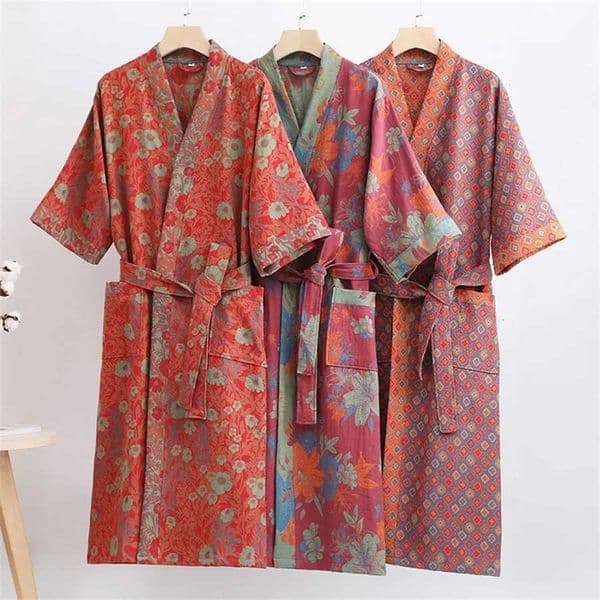 2024 Summer Couple Dressing Gown Vintage Loungewear Double Layer Gauze Bathrobe Men Shower Robe Women V-neck Kimono SleepwearXJ241018