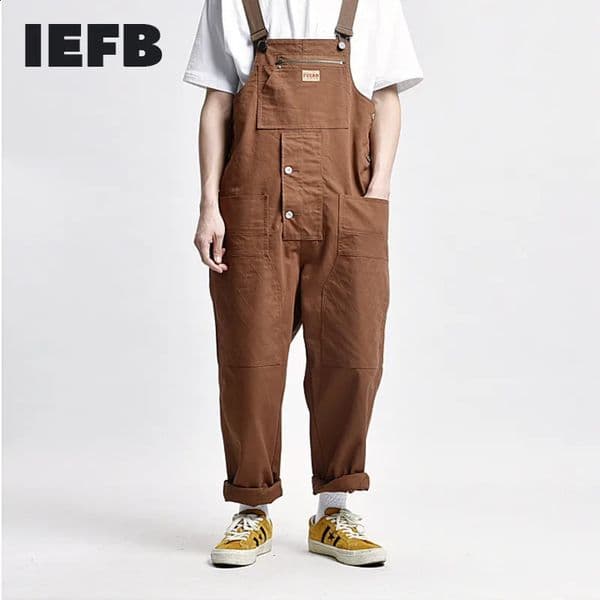 IEFB high-quality khaki multi pocket tool belt pants mens workwear fashionable one-piece pants Ins fashion jumpsuit Y5504 241021
