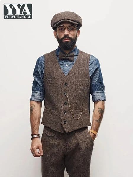 Vintage Autumn Men Woolen Vest Sleeveless Jacket Single Breasted V Neck Business Work Waistcoat British Style Keep Warm Top 241021