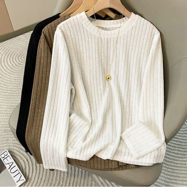 Solid Color Knitted Longsleeved Crewneck Tshirt Pullover Womens Spring and Autumn Korean Edition Simple Loose plus s 241021