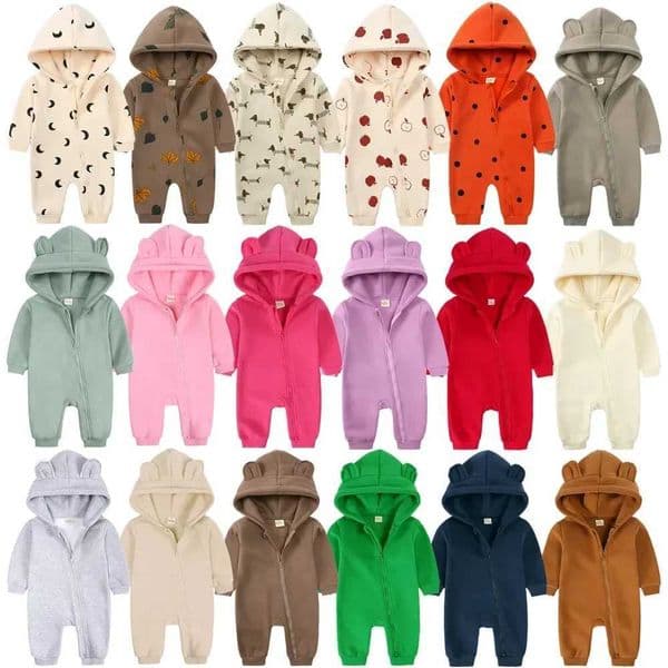 Baby winter wool hoodie pure cotton thick casual bear jumpsuit 0-24M baby Korean style jumpsuit W241021