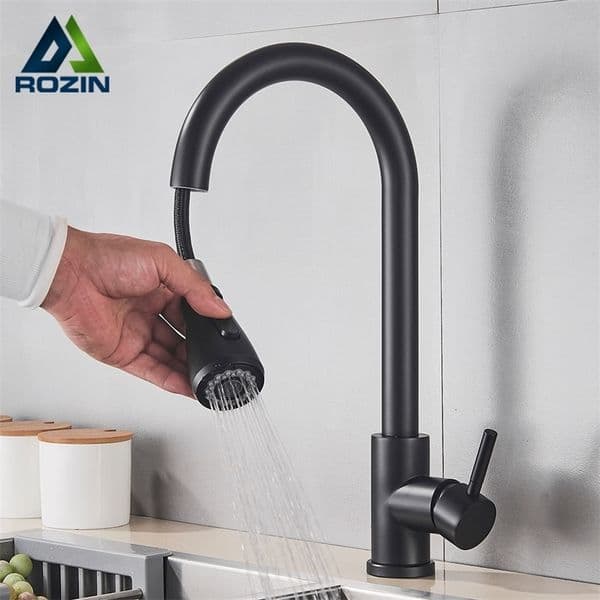 Rozin black kitchen faucet single hole pull-out spout kitchen sink mixer faucet nozzle chrome plated/black mixer faucet 241021ww