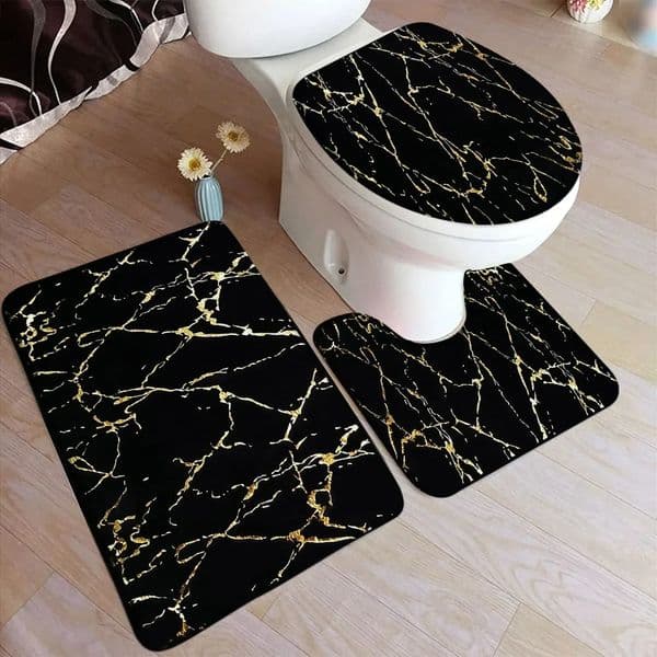 Abstract Marble Bath Mat Set Gold Textured Pattern Modern Geometric Black Carpet Home Bathroom Decor Floor Rugs Toilet Lid Cover 241021