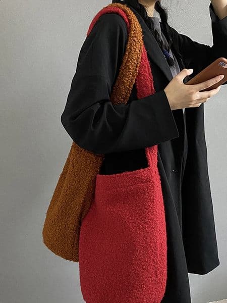 Hylhexyr Womens Plush Bucket Shoulder Bag Solid Color Cross Body Bag Fashion Leisure Shopping Handbag Winter 241021