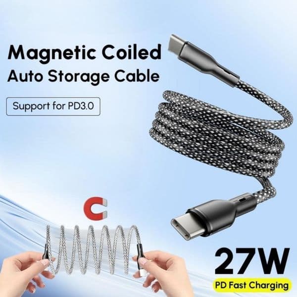 27w 100W Magnetic Type C USB Cable Coiled Fast Charging for High End Smartphones Portable Magic Rope Mobile Data Cable