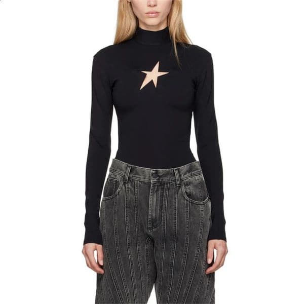 Autumn Womens High Collar Five Star Hollow Long Sleeve Tshirt y2k Quality Fashion Sexy Elastic Slimming Top 241021