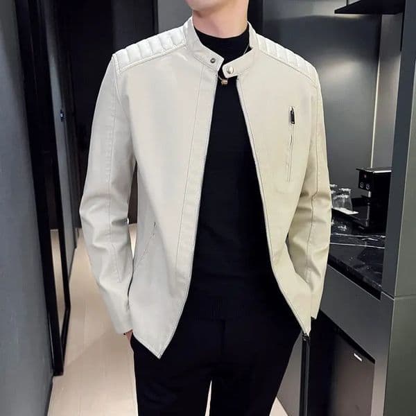 Spring and Autumn Mens Motorcycle Leather Jacket Casual Stand Collar Solid Color White Black Zip Up PU Coat 240930