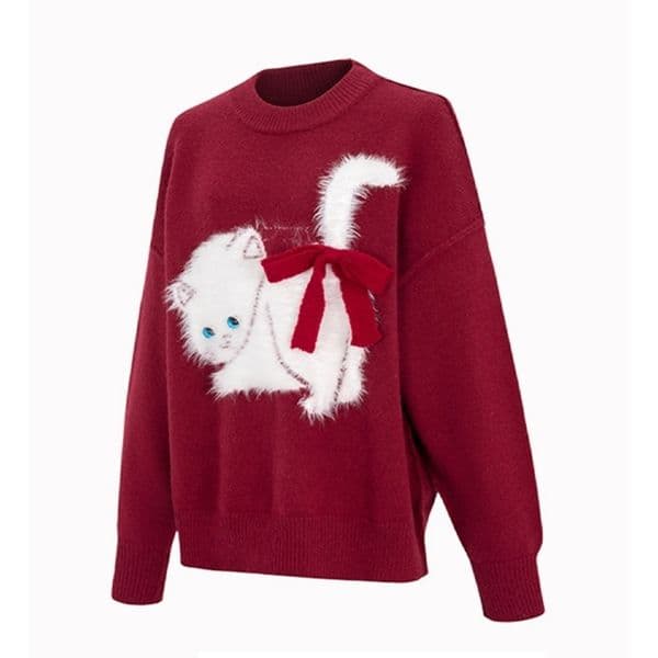 Womens Red Retro Pullover Knitted Sweater Y2k 90s Fashion Harajuku Elegant Long Sleeve Christmas Sweater Fashion 2000s Clothing 241021