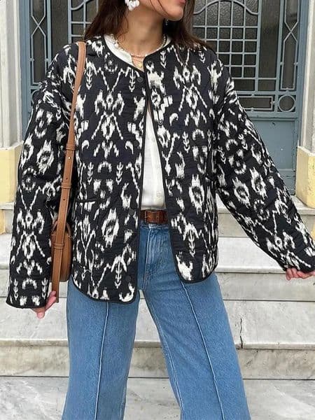 Womens long sleeved O-neck buttoned jacket casual leopard print oversized jacket fashionable autumn/winter womens clothing 241021