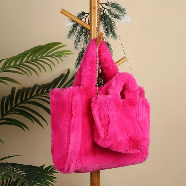 Plush Faux Fur Tote Bag for Women Autumn Winter Furry Handbags Solid Color Chic Fuzzy Shopping Soft Fashion Ladies Shoulder 241023