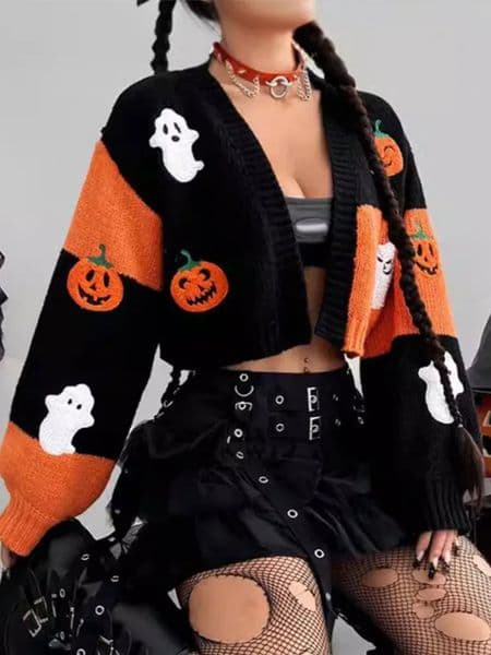 Casual Ghost Pumpkin Pattern Knitted Cardigan Retro Long Sleeve Patchwork Womens Crop Sweater Autumn Womens Clothing 241022