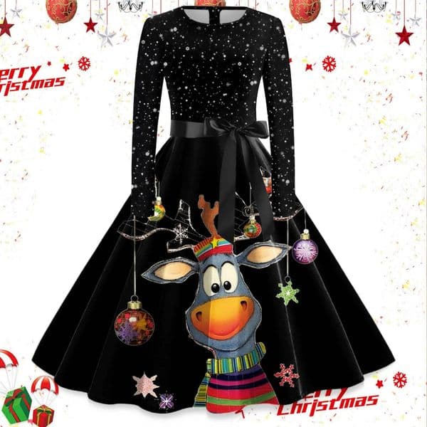 Print Christmas Costumes for Women Long Sleeve Vintage Housewife Evening Party Prom Dress Elegant Valentines Day Dresses 241022