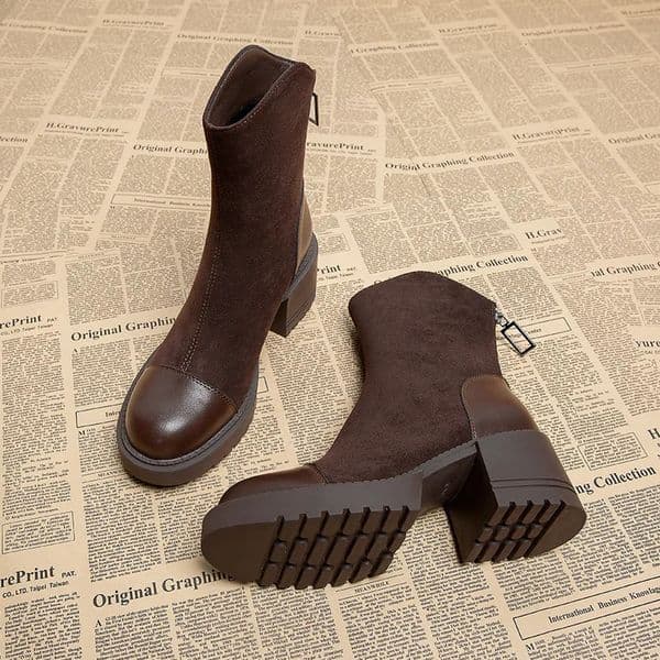 Retro brown womens ankle boots fashionable and elegant zipper shoes autumn square high heels modern short boots 250225BJ