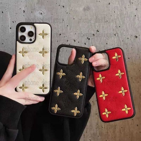 Classic Designer Phone Cases For iPhone 16 15 14 13 12 Pro Max 16Pro 16Plus 15Pro 15ProMax Mens Womens Premium Leather Golden Flower decoration Cover NRXQ