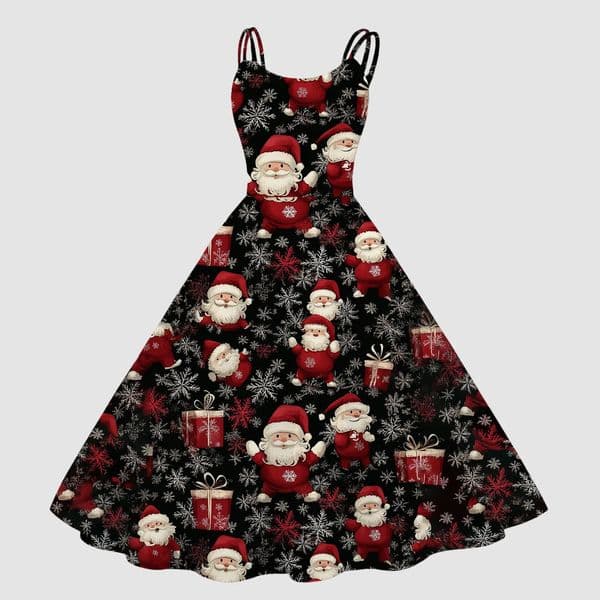Women Christmas Printed Dresses Snowman Elk Print High Waist Suspender Maxi Dress Vintage Casual Holiday Party Year 241022