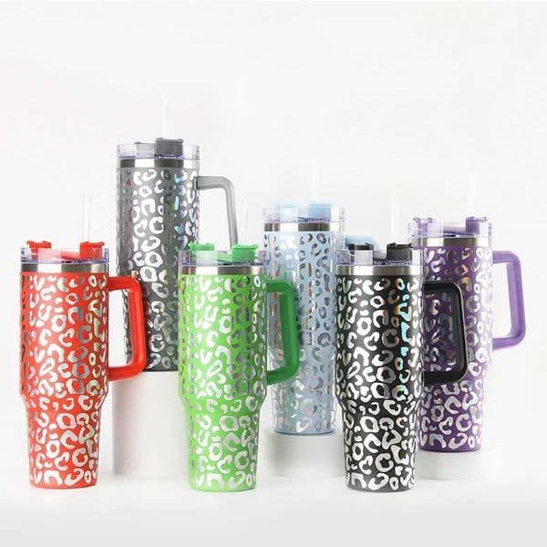 New Arrival 40oz laser leopard print hot vacuum cup with handle stainless steel travel car interior hot water bottle coffee insulation flash M241022