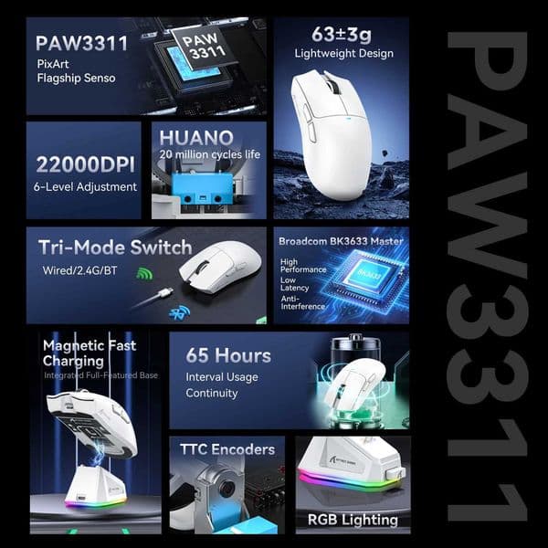 Attack Shark X11 3Mode Connection 24GHzBluetooth PAW3311 400IPS22K000DPIRGB PC Wireless Gaming Mouse X2511011